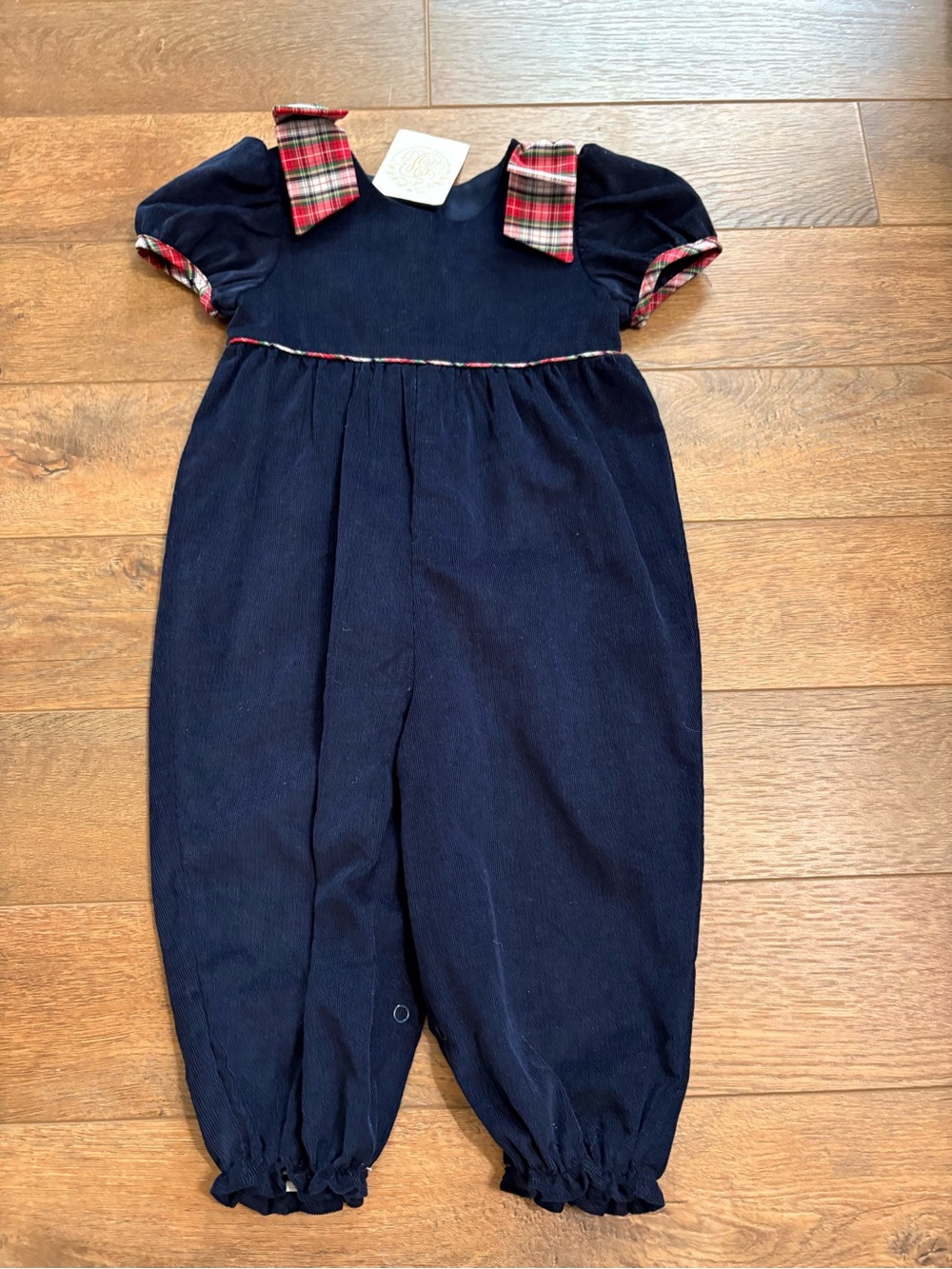 The Beaufort Bonnet Company Navy Blue Corduroy One-Piece with Red Plaid Trim